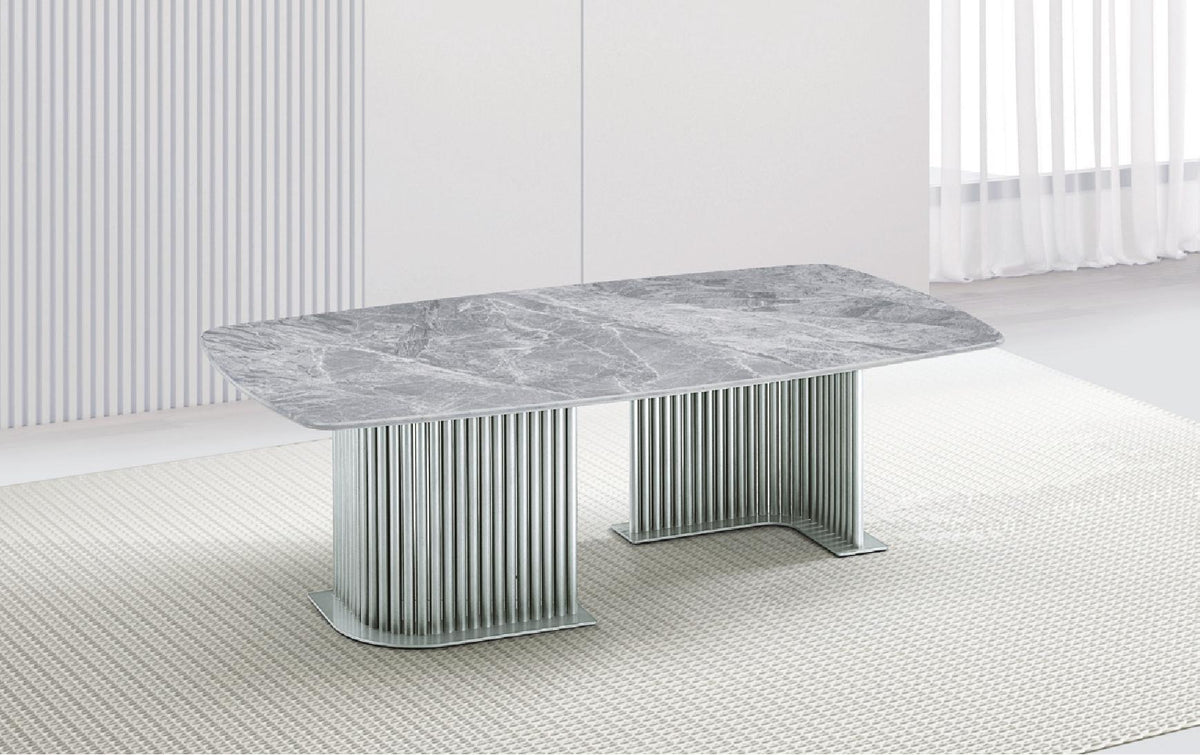 Flute Silver Sintered Stone Coffee Table with twin fluted chrome pedestal base