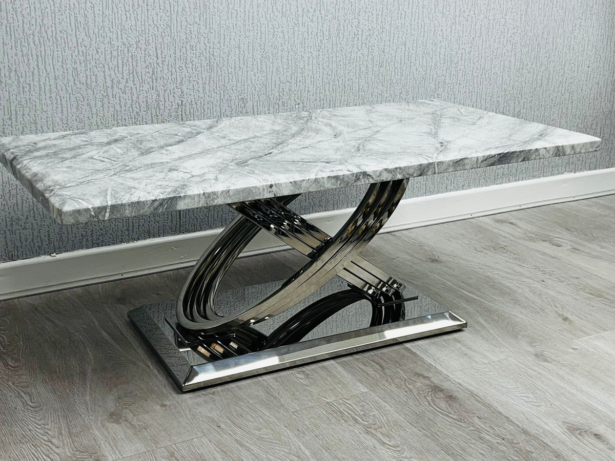 Elina Grey Ceramic Marble-Effect Coffee Table with chrome X-twist pedestal base - angled view