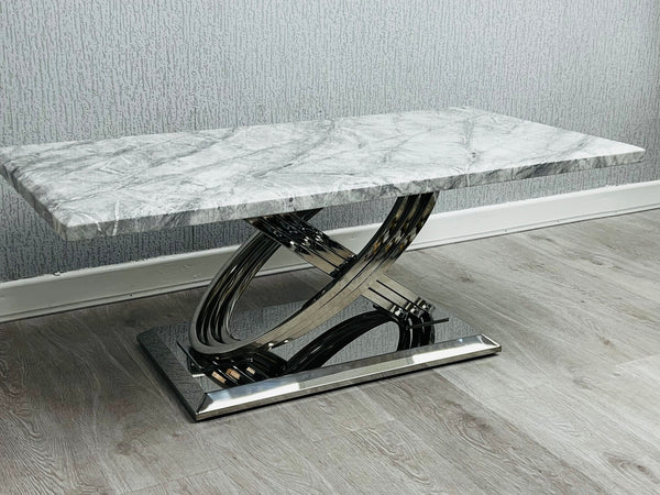 Elina Grey Ceramic Marble-Effect Coffee Table with chrome X-twist pedestal base - angled view