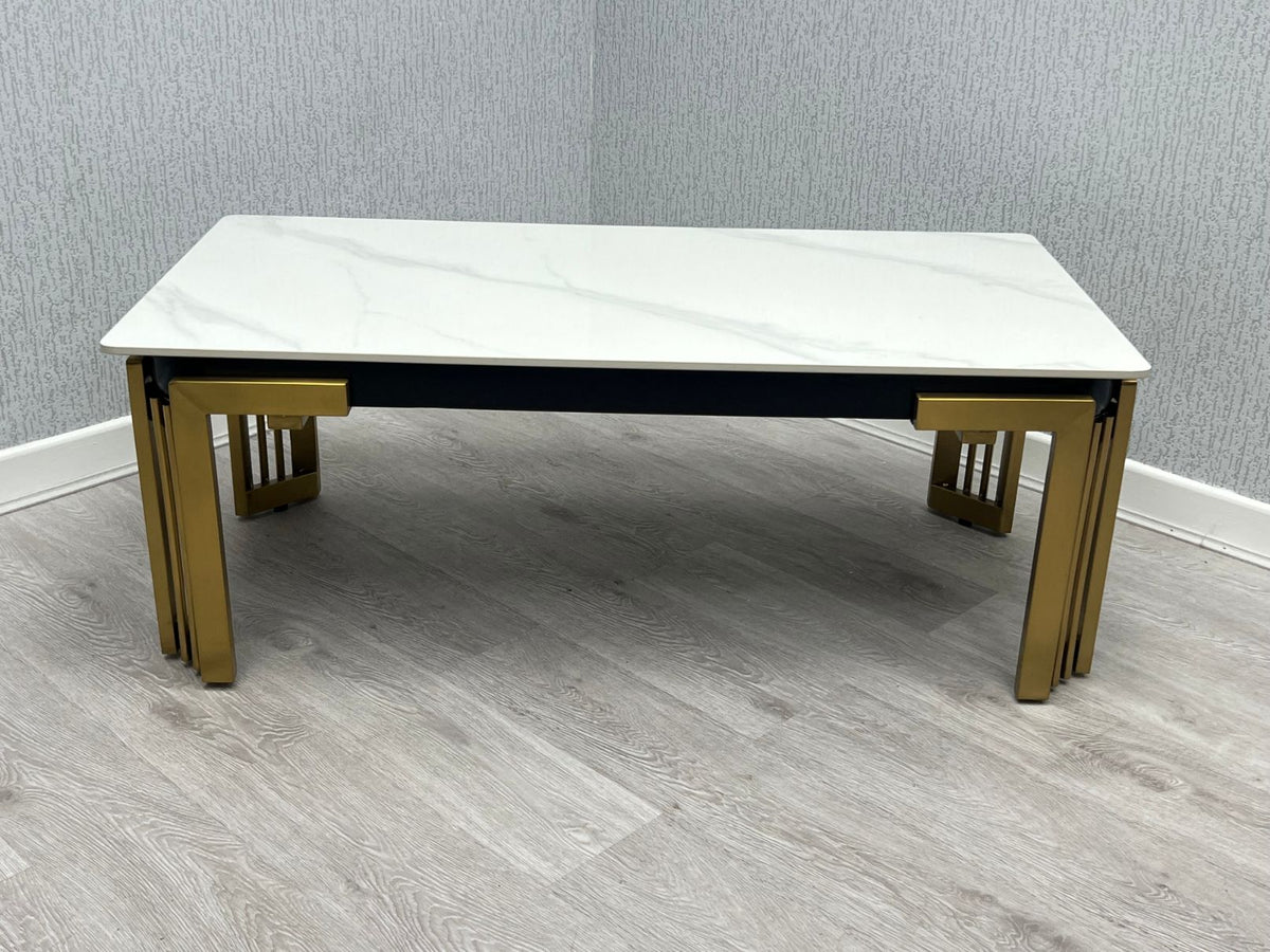 Sorrento Cream Ceramic Marble-Effect Rectangular Coffee Table with gold multi-bar legs - front view
