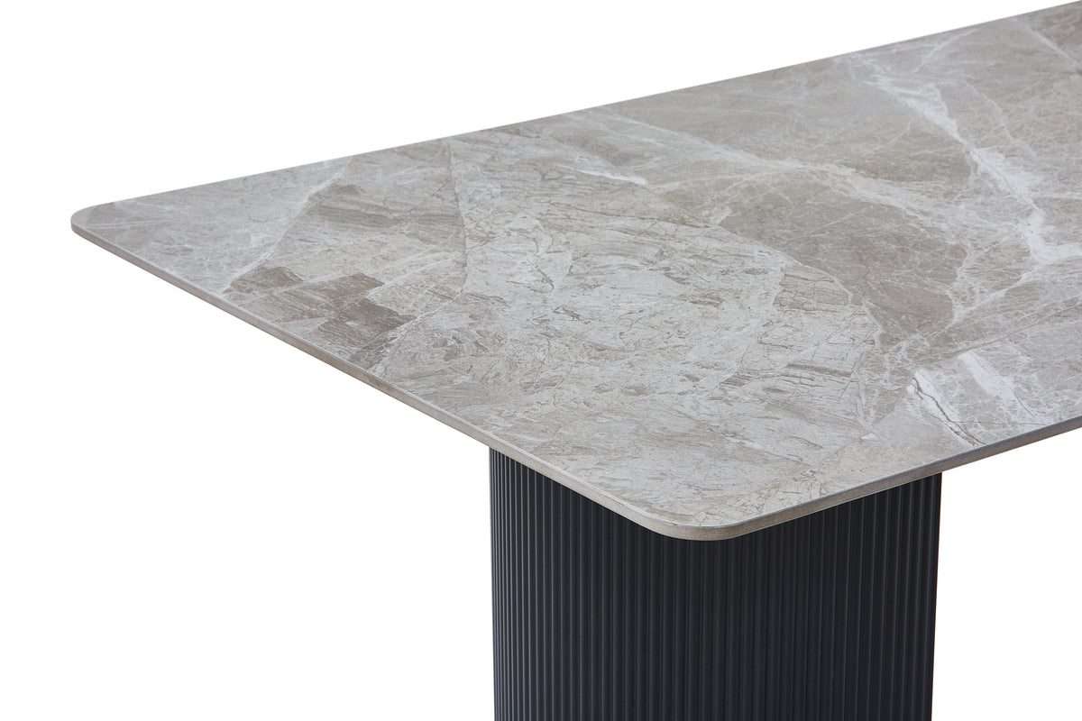 Olympia Grey Ceramic Marble-Effect Coffee Table with black ribbed twin pedestal base - top detail