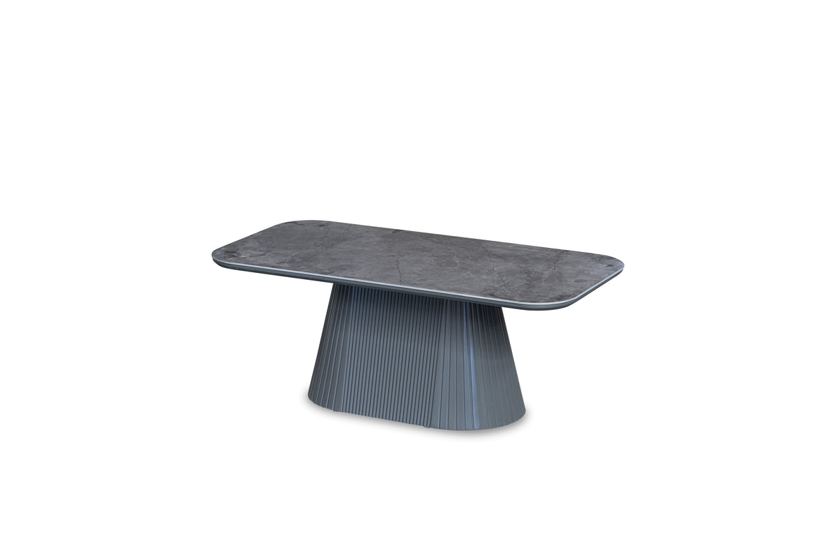 Davos Beige Ceramic Marble-Effect Coffee Table with ribbed beige cone pedestal base - angled view