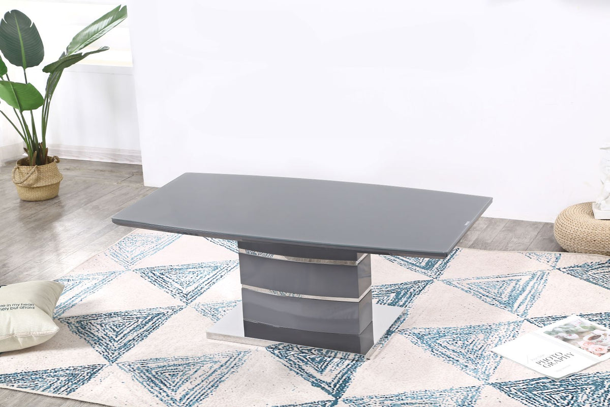Milan Grey High Gloss Coffee Table with chrome-trimmed layered pedestal base - front view