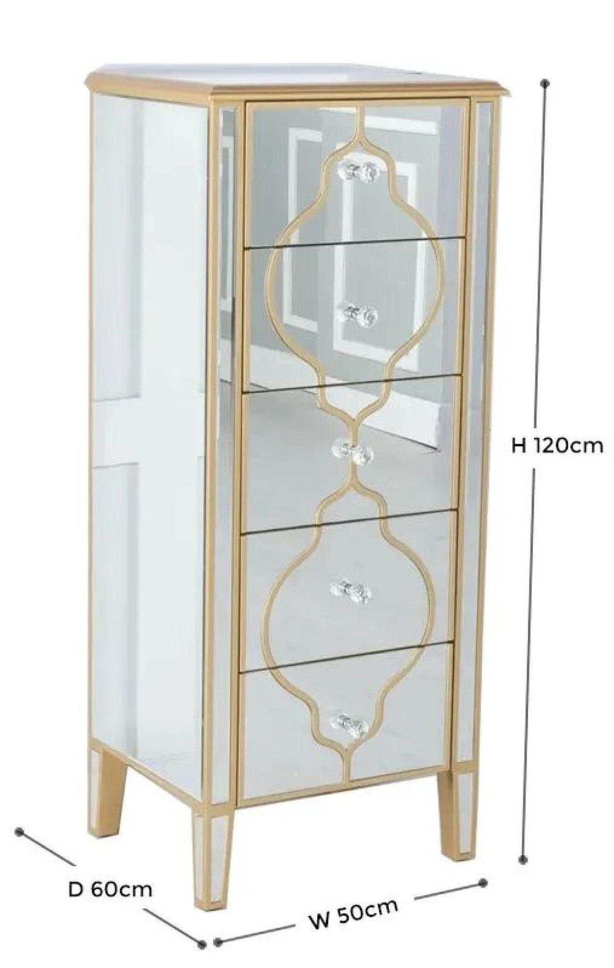 Aurelia Mirrored Gold Trim 5 Drawer Tall Chest
