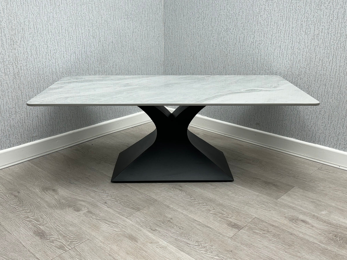 Caroline Grey Ceramic Marble-Effect Coffee Table with black metal X-shaped pedestal base