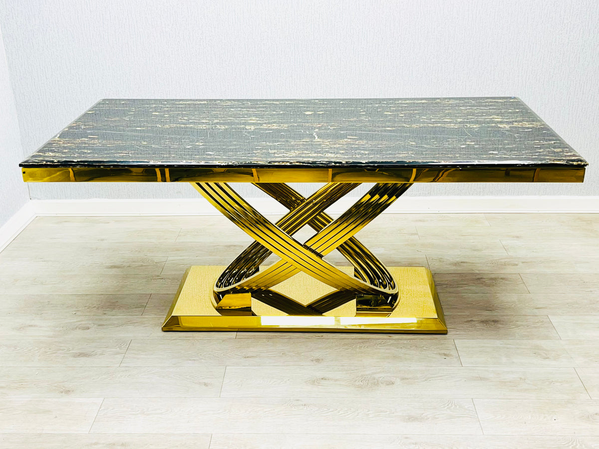 Elina Black Ceramic Marble-Effect Coffee Table with gold X-twist pedestal base - front view