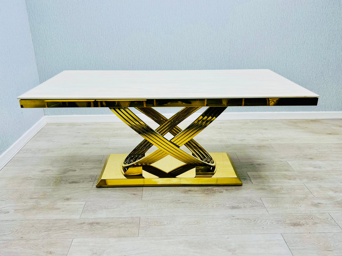 Elina Cream Ceramic Marble-Effect Coffee Table with gold X-twist pedestal base - front view