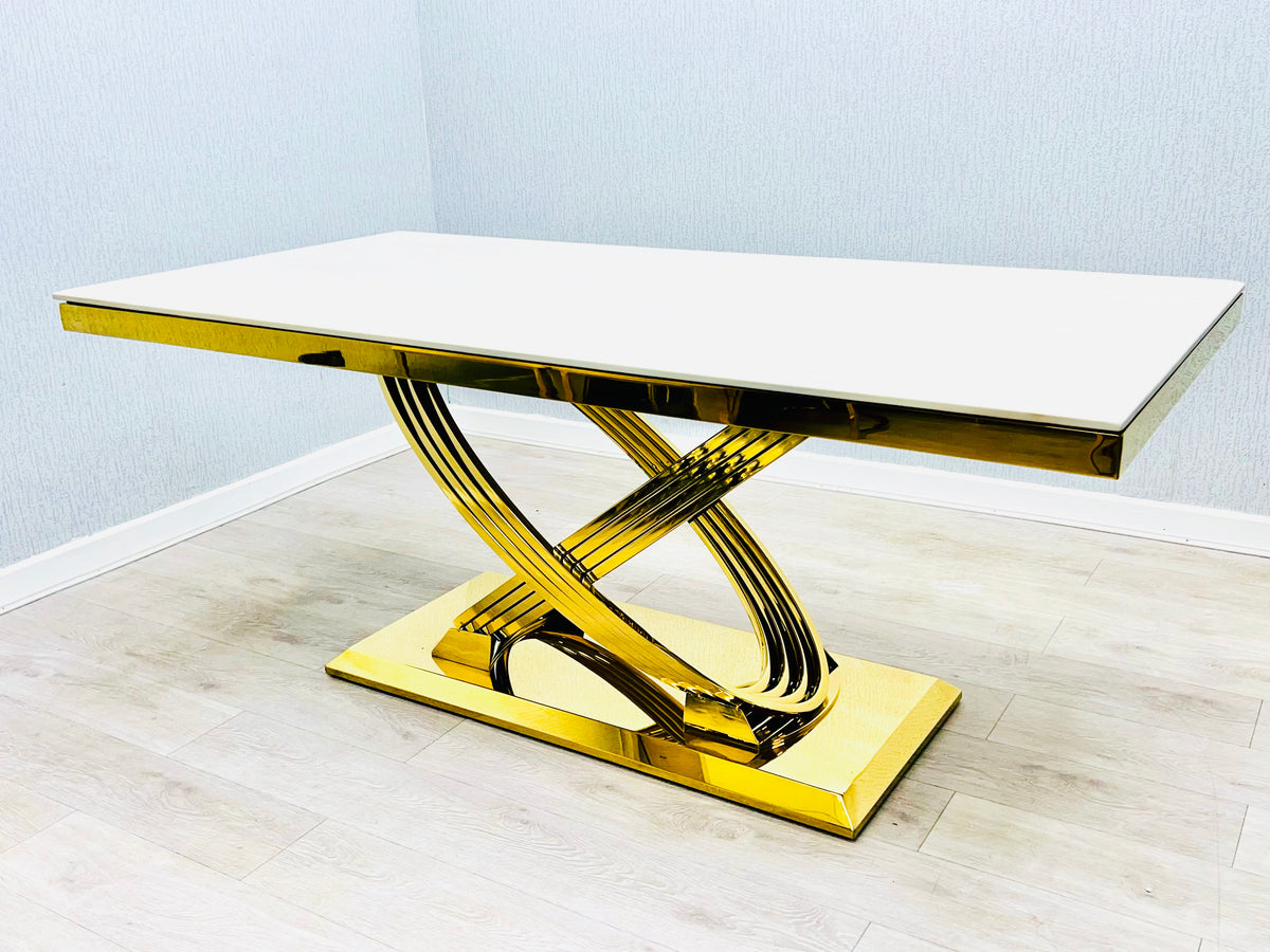 Elina Cream Ceramic Marble-Effect Coffee Table with gold X-twist pedestal base - angled view