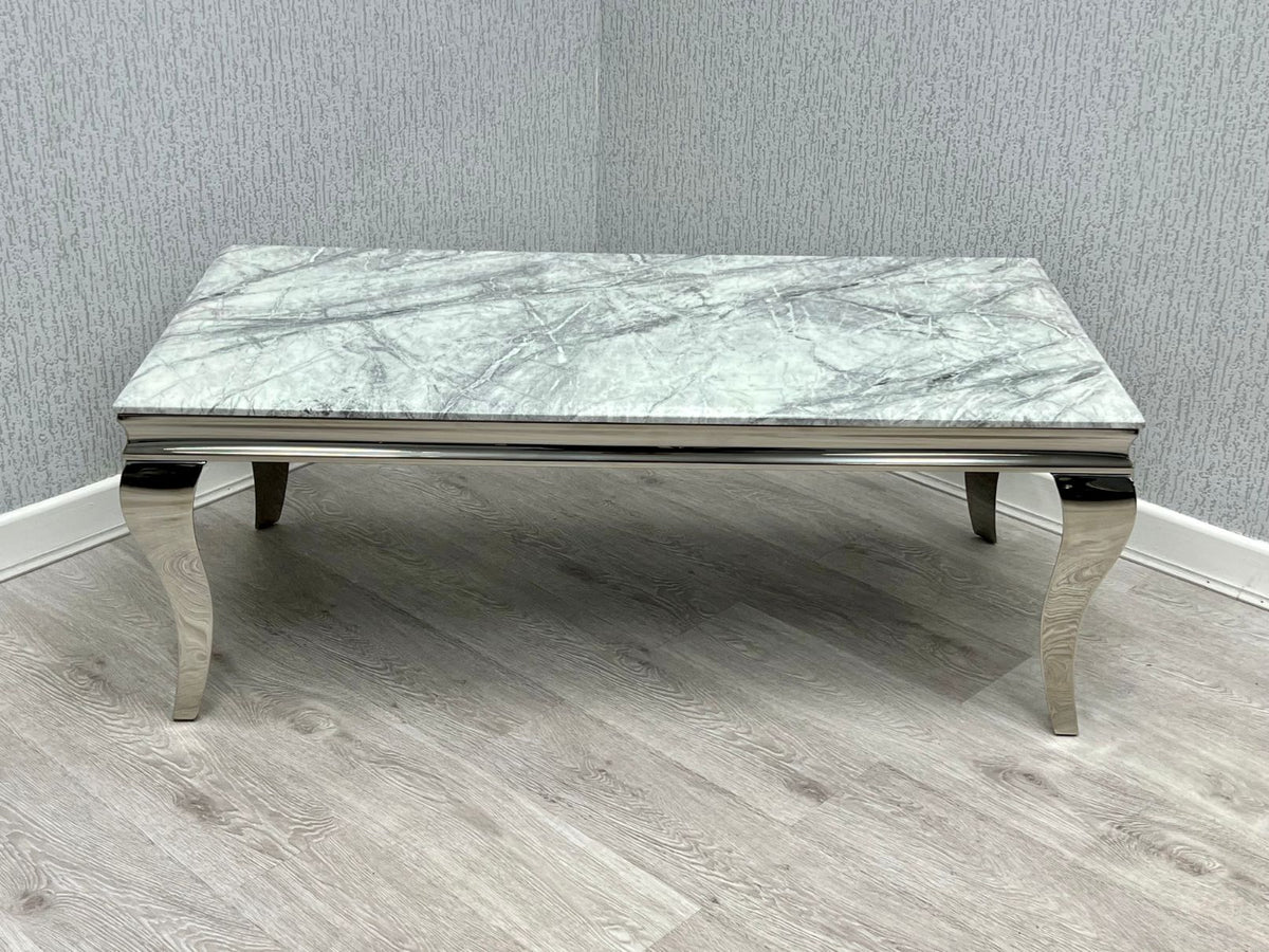 Sofia Grey Ceramic Marble-Effect Coffee Table with chrome cabriole legs - front view