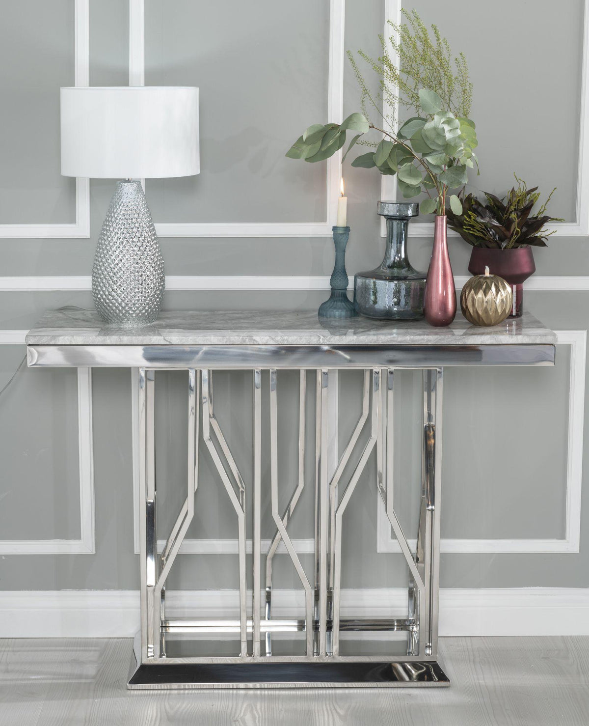 Mercury Grey Chrome Marble Effect Console Table